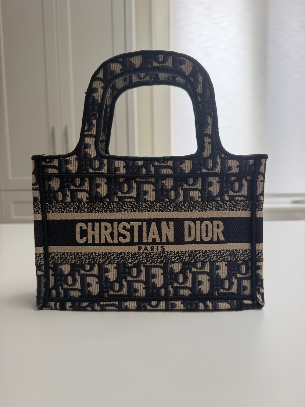 Authentic Dior Navy & Cream Logo Canvas Mini Dior Book Tote Oblique EMBROIDER